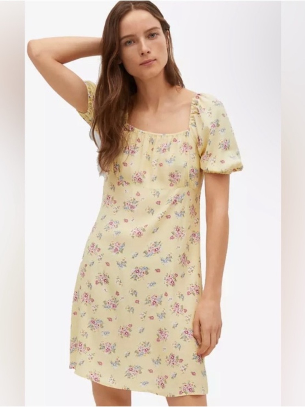 Mango Yellow Floral Square-Neck Puff Sleeve Mini Dress
